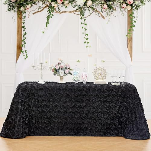 Black 90x156 Inch Satin Rosette Tablecloth - Floral Wedding & Event Cover