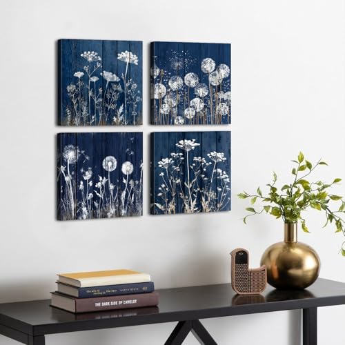12x12 Inch Navy Blue Dandelion Wall Art Set - Rustic Botanical Canvas Prints - Farmhouse Boho Decor