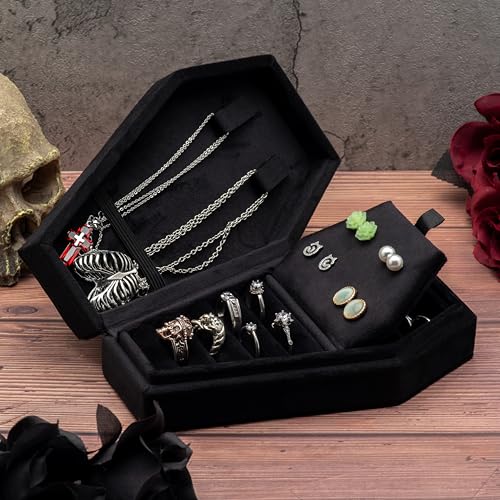 Velvet Coffin Jewelry Travel Case Holder for Gothic Wedding Jewelry Organizer - Black 4 Grid