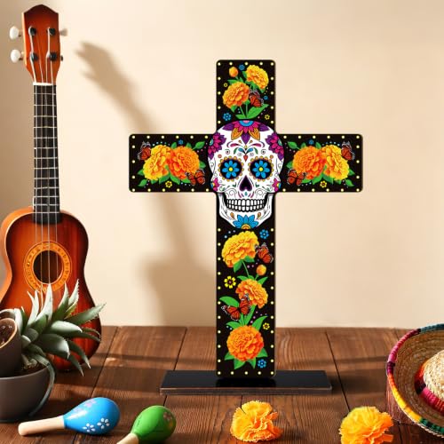 Large Orange Wooden Day of the Dead Table Decor - Mexican Skull & Cross Centerpiece