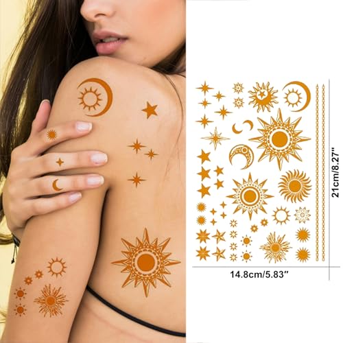 Gold Sun Moon Star Temporary Tattoo Stickers - Large 4-Sheet Set - Briyhose