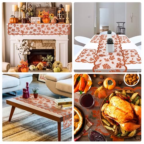 Thanksgiving Fall Table Runner with 4 Placemats - Lace Autumn Decor 72 Inch D