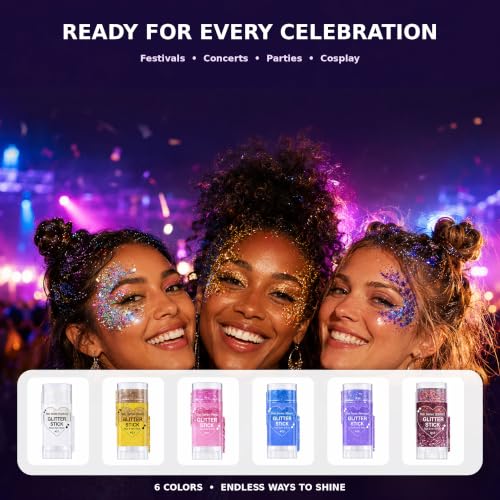 Body Glitter Stick Set 6 Colors for Face, Body & Hair Festival Makeup