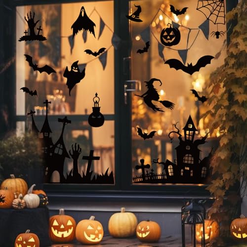 Halloween Silhouette Window Clings - Black Castle, Bat & Graveyard Design - Reusable Spooky Decor - 6 Sheets