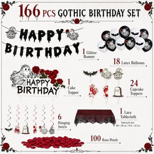 166PCS Gothic Halloween Birthday Decorations Party Supplies Set for Girls Women