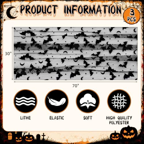 Bat Halloween Table Runner Set - Black Flocked Lace, 3 Pieces, 70x30 Inches