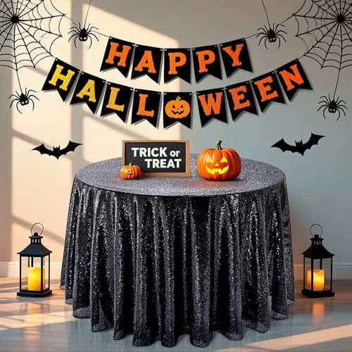 QueenDream Black Sequin Round Tablecloth 132 Inch - Party & Event Decor