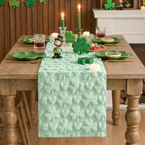 Sage Green Faux Fur Heart & Clover Table Runner 13x60 Inch Seasonal Kitchen Decor