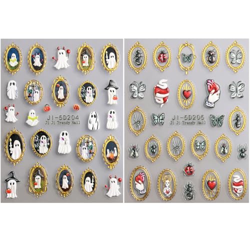 Halloween Nail Stickers Ghost and Spider Self-Adhesive Decals for Nail Art - 2 Sheets