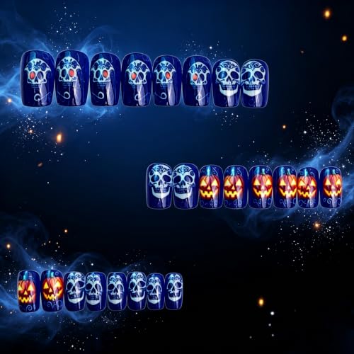 Halloween Press On Nails Set - Silver Skull Pumpkin Grimace 24PCS Multicolor-26