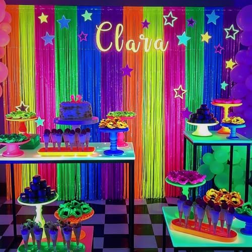 Glow in The Dark Neon Rainbow Foil Fringe Curtain - Party Backdrop & Decor