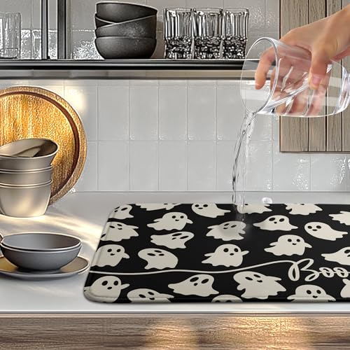Halloween Ghost Dish Drying Mat Large Black and White Kitchen Absorbent Mat - 18x24 in