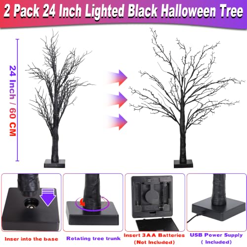 Halloween Spooky Black Tabletop Tree Set - 24 Inch LED Indoor Decor with Timer & USB/Battery - Style 2