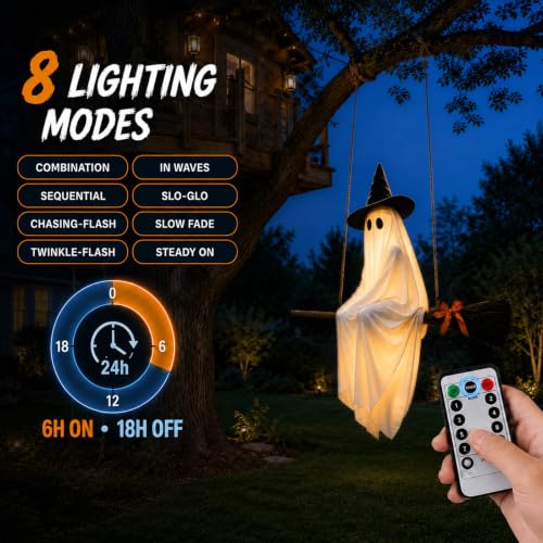 Halloween Flying Witch Ghost Decoration with Lighted Swing for Outdoor Yard & Porch