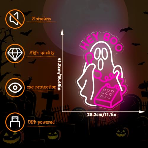 Hey Boo Halloween Neon Sign for Wall Decor Pink Ghost Dimmable USB LED