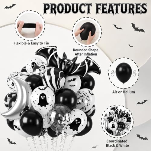Black Silver Halloween Balloons Set with Ghost, Bat & Moon Foil - Party Decorations