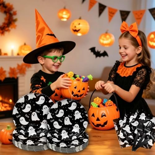 Halloween Paper Tableware Set with Ghost Design, 100 Pcs - Serves 25 - Halloween
