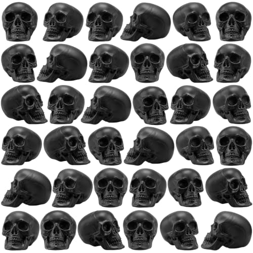 Halloween Skull Decorations - Black Plastic Skeleton Heads, 50 Pack, Mini & Realistic