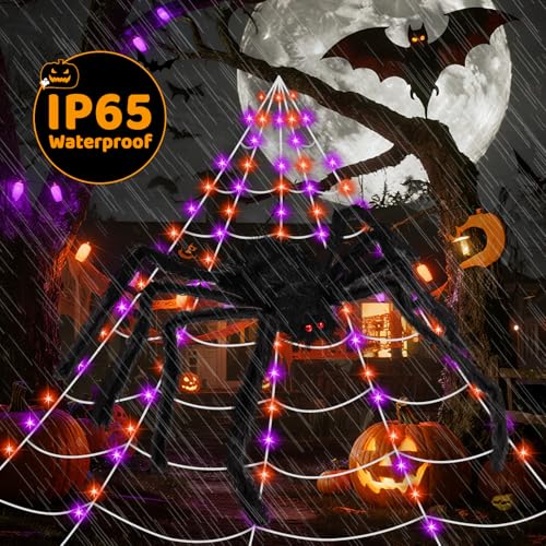 Halloween Spider Web Lights Decoration - 250 LED 16.4Ft Outdoor Web with 8 Modes & 5Ft Giant Spider - Stretch Cobweb for Yard Garden Haunted House - Lighting Spider Web