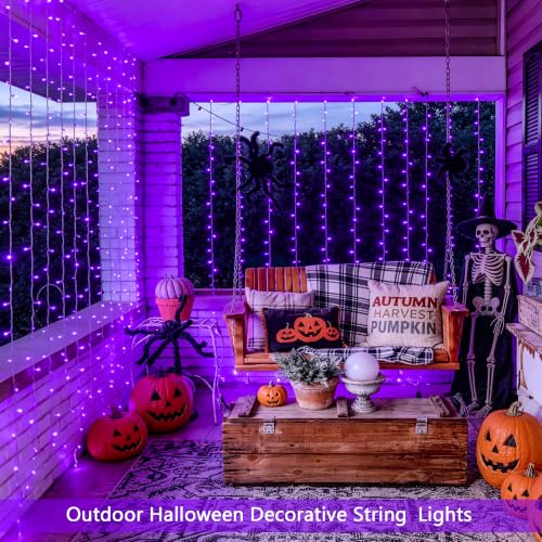 USB Purple Halloween Curtain Lights - 200 LED, 6.5ft x 6.5ft, Remote Control