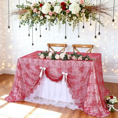Red Lace Tablecloth 6pcs 60x120 Inch Rectangular Romantic Vintage Fabric