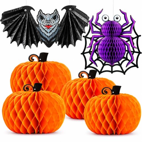 Halloween Honeycomb Centerpieces Pack of 6 - Bat, Spider & Pumpkin Decorations