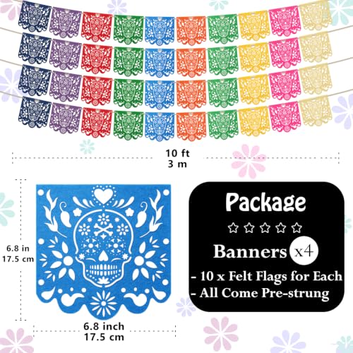 Dia De Los Muertos Decorations 4 Pack Felt Papel Picado Banners - Colorful 40 Feet