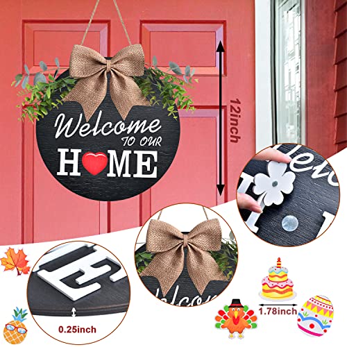 Interchangeable Welcome Home Sign with 21 Seasonal Icons - Rustic Wood Porch Decor (Black, 12")