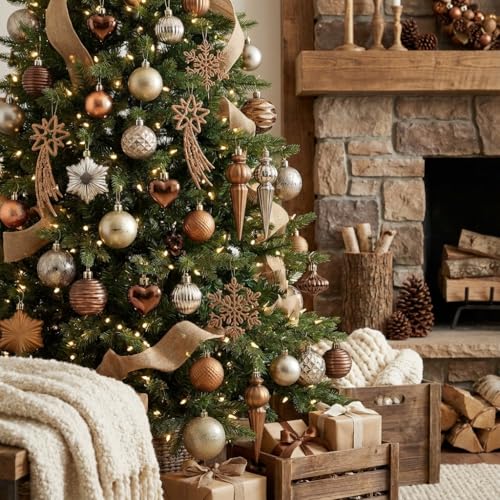Christmas Tree Ornaments Set - Copper & Gold Holiday Decorations, Shatterproof, 60pcs - Valery Madelyn