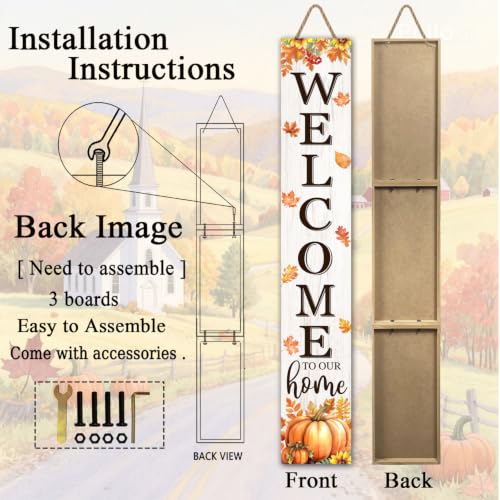 Fall Welcome To Our Home Porch Sign 47 Inches with Pumpkins & Maple Leaves - White Variation