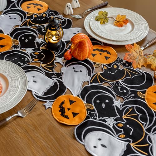 Halloween Spooky Table Runner 14x59 Inch with Embroidered Pumpkins & Bats - Gothic Decor