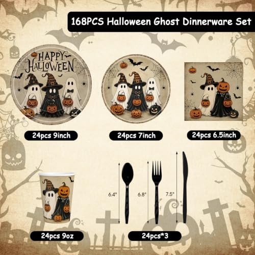 Halloween Disposable Tableware Set - 168 Pcs Ghost Pumpkin Plates Cups Napkins Cutlery