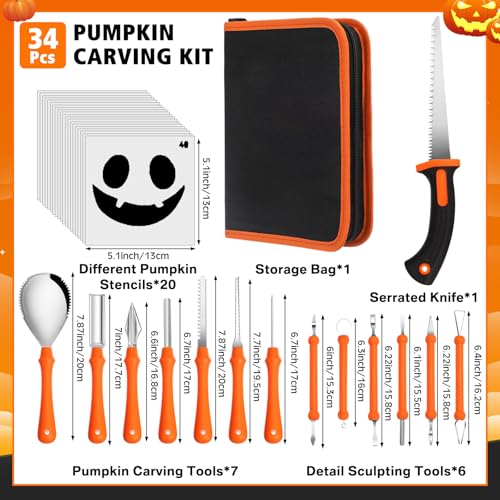 Halloween Pumpkin Carving Kit with 13 Heavy Duty Stainless Steel Tools & 20 Templates