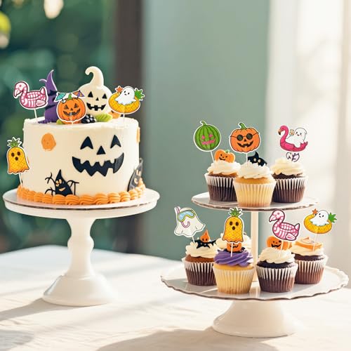 Spooky Summer Cake Toppers Set - 40 Assorted Halloween & Beach Decorations