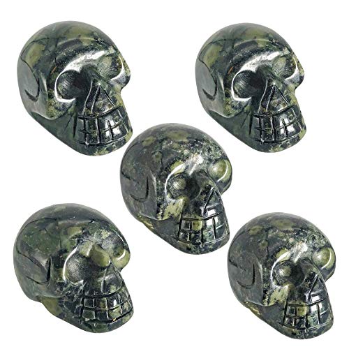 Mini Human Skull Figurine in Green Kambaba Jasper - Hand Carved Crystal Skull Statue, Halloween Decor & Healing Stone