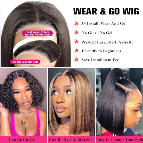 Caijuxing Bob Wig Human Hair 4x4 Straight Hd Lace Front Wigs with Baby Hair 180% Density Glueless Wigs Human Hair Pre Plucked Short Bob Wigs for Women (12 Inch)