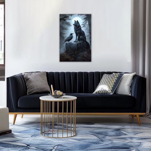 Wolf Raven Wall Art Canvas Print - Gothic Nature Wildlife Decor, 24x16 Inches - Variation Wolf-04