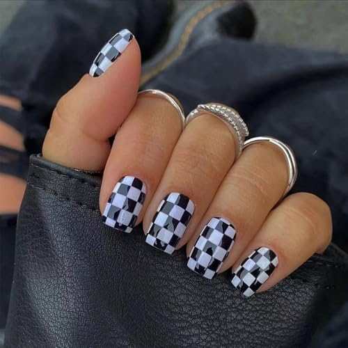 Press on Nails Short Square Black White Checkerboard Design - Style 11