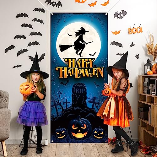 Panelee Halloween Skeleton Witch Window Cover - 79x35 Inches Party Backdrop with Moon Variation