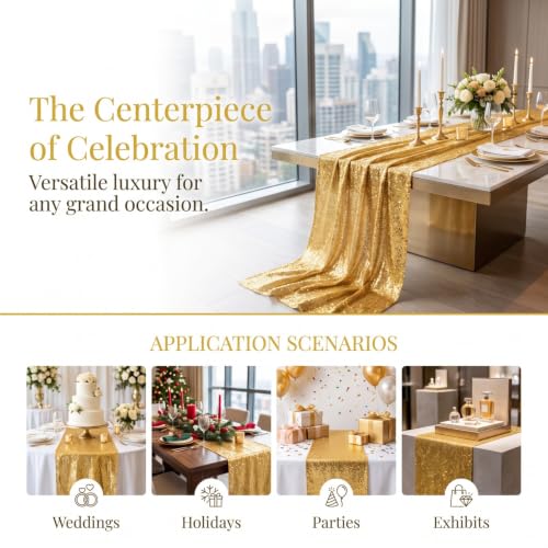 Gold Sequin Table Runner Set - 15 Pack 12x108 Inches for Weddings & Parties