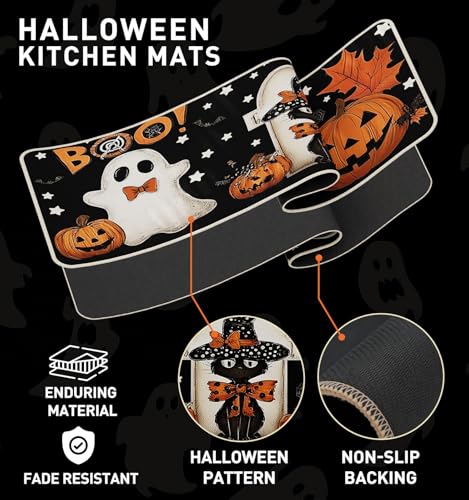 Halloween Kitchen Mat Set of 2 - Black Pumpkin Ghost, 17x29 & 17x47 Inches
