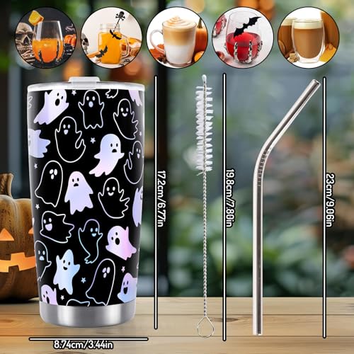 Halloween Ghost Stainless Steel Travel Tumbler with Lid Straw & Brush - Spooky Coffee Mug for Women, Large Capacity, Ghost Variation