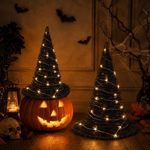 2Pcs Halloween Rattan Witch Hat Decor with String Lights - Indoor Outdoor Party Table Centerpieces