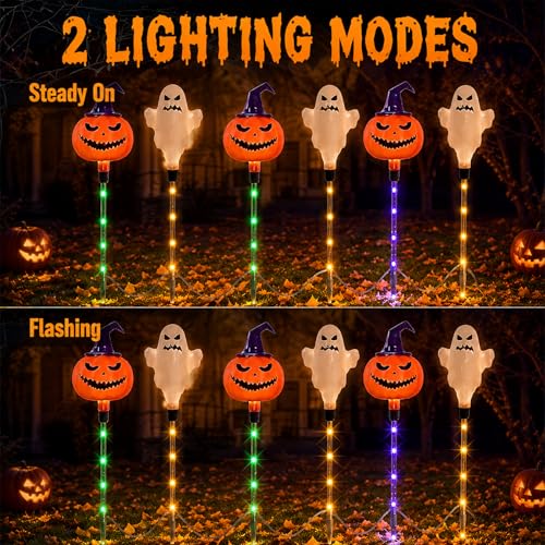 Outdoor Solar Ghost and Pumpkin Lights Set - 6pcs Halloween Pathway Decor with 3 Modes - Waterproof Landscape Lights, Orange Variation