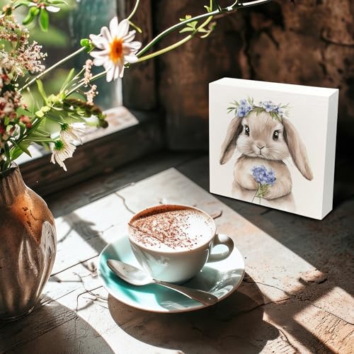 Easter Wooden Sign - Retro Bunny Spring Desk Decor, 5x5 Inch Myosotis Variation