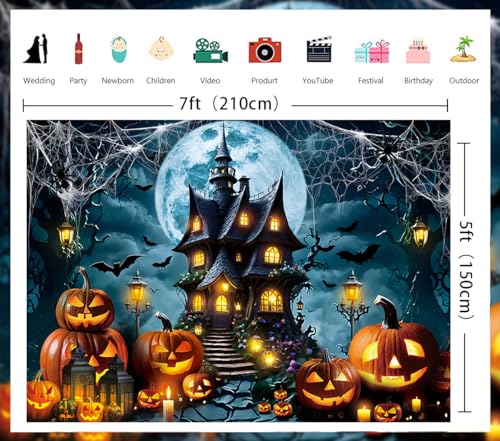 Halloween Horror Castle Backdrop 7x5FT Full Moon Night Pumpkin Lantern Bats Web Scene