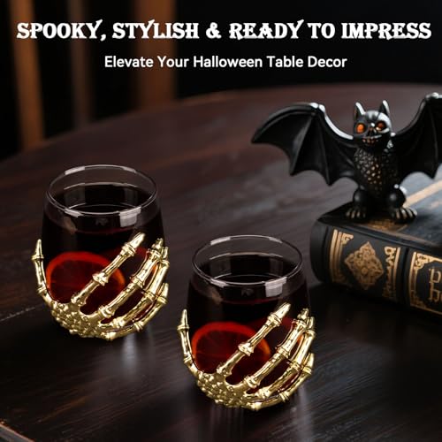 Halloween Skeleton Hand Stemless Wine Glass - 12.5 Oz Gold Skeleton Decor