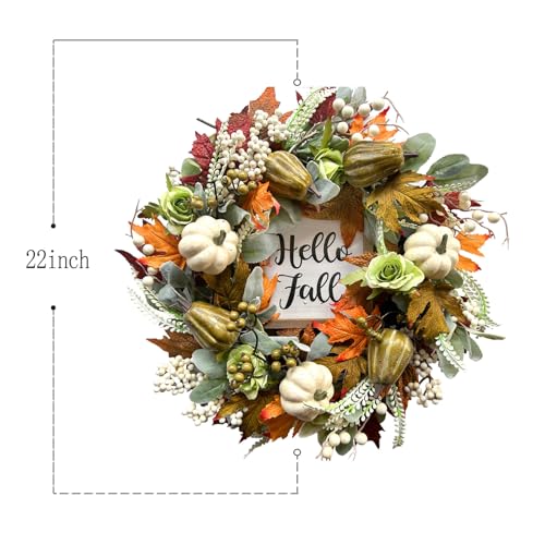 Fall Wreath 22 Inch Autumn Door & Wall Decor with Pumpkin Maple Leaves