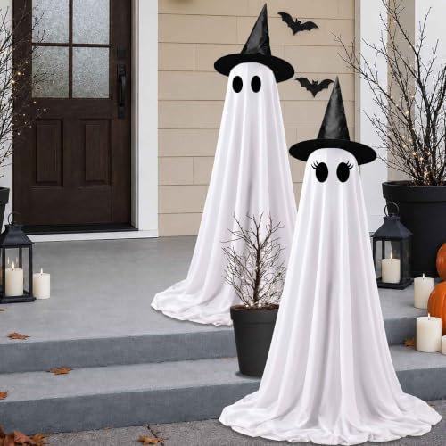 63 Inch Ghost Halloween Decoration Kit with Light-Up Witches Hat & Remote Control Lights - Spooky Outdoor Yard Porch Decor - 2 Pack