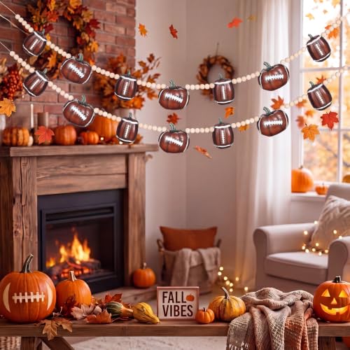 Football Pumpkin Felt Garland with Wood Beads - Fall Harvest Decor 4 ft